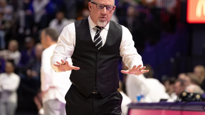 Jan 20, 2024; Baton Rouge, Louisiana, USA;  Texas A&M Aggies head coach Buzz Williams reacts to a play against the LSU Tigers during the first half at Pete Maravich Assembly Center. Mandatory Credit: Stephen Lew-USA TODAY Sports