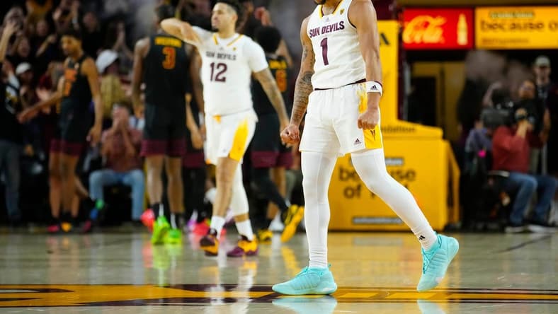 ASU guard Frankie Collins (1) celebrates a steal and a basket against USC on Jan. 20, 2024, during a game at Desert Financial Arena.