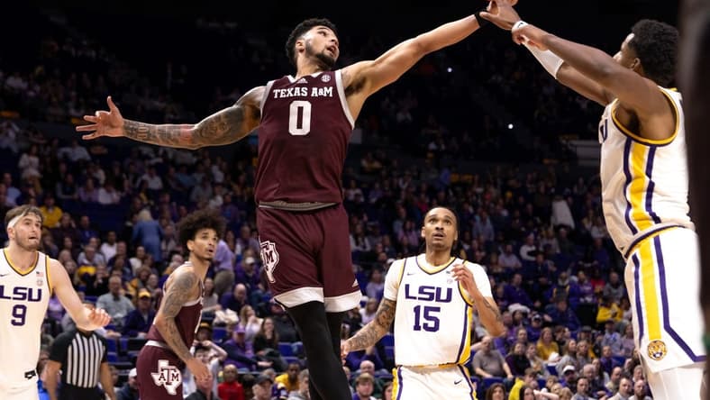 Jan 20, 2024; Baton Rouge, Louisiana, USA;  LSU Tigers guard Jordan Wright (6) knocks the rebound away from Texas A&M Aggies guard Jace Carter (0) during the second half at Pete Maravich Assembly Center. Mandatory Credit: Stephen Lew-USA TODAY Sports