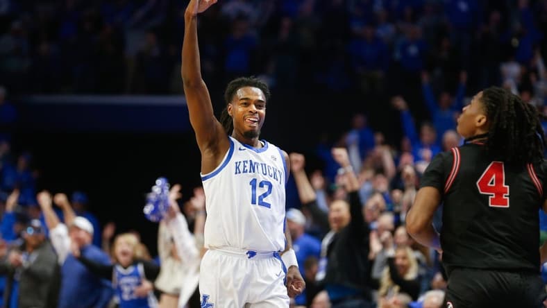 Kentucky   s Antonio Reeves celebrates making a three against Georgia   s Silas Demary Jr Saturday night at Rupp Arena.
Jan. 20, 2024