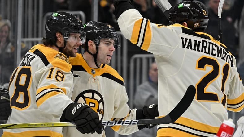 oJan 20, 2024; Boston, Massachusetts, USA; Boston Bruins left wing Jake DeBrusk (74) celebrates with left wing James van Riemsdyk (21) after scoring a goal against the Montreal Canadiens during the first period at the TD Garden. Mandatory Credit: Brian Fluharty-USA TODAY Sports