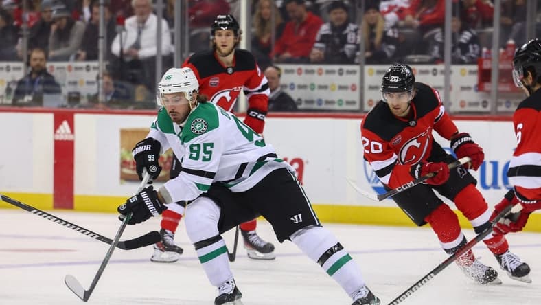 Jan 20, 2024; Newark, New Jersey, USA; Dallas Stars center Matt Duchene (95) skates with the puck against the New Jersey Devils during the first period at Prudential Center. Mandatory Credit: Ed Mulholland-USA TODAY Sports