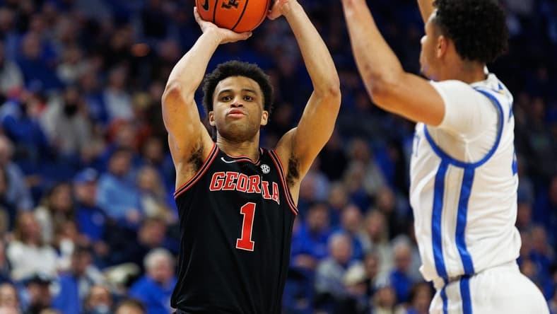 Jan 20, 2024; Lexington, Kentucky, USA; Georgia Bulldogs guard Jabri Abdur-Rahim (1) shoots the ball during the first half against the Kentucky Wildcats at Rupp Arena at Central Bank Center. Mandatory Credit: Jordan Prather-USA TODAY Sports