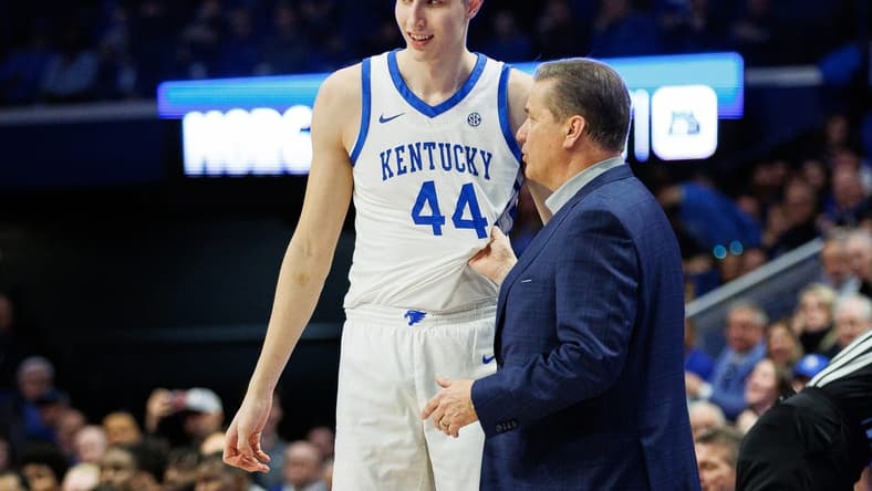 Jan 20, 2024; Lexington, Kentucky, USA; Kentucky Wildcats head coach John Calipari talks with forward Zvonimir Ivisic (44) during the second half against the Georgia Bulldogs at Rupp Arena at Central Bank Center. Mandatory Credit: Jordan Prather-USA TODAY Sports