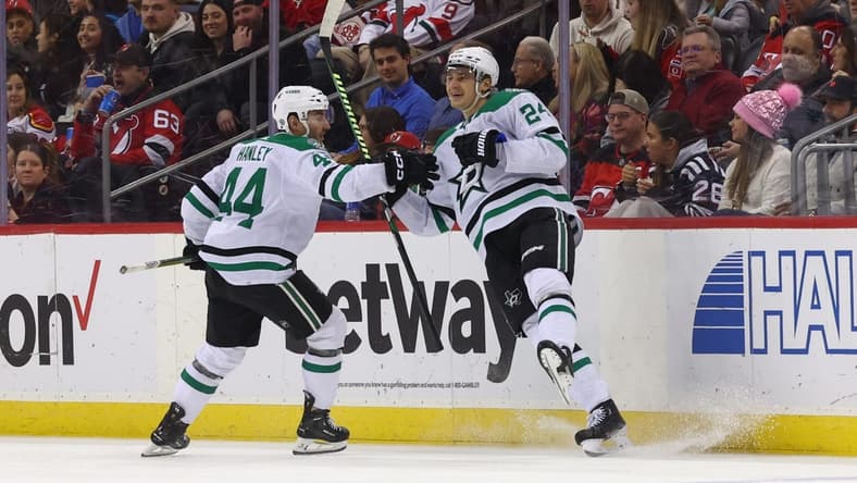 Jan 20, 2024; Newark, New Jersey, USA; Dallas Stars center Roope Hintz (24) celebrates his goal against the New Jersey Devils during the second period at Prudential Center. Mandatory Credit: Ed Mulholland-USA TODAY Sports