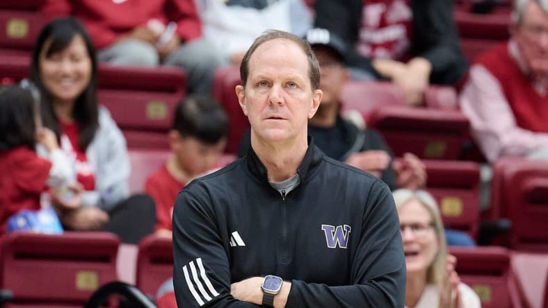 Jan 20, 2024; Stanford, California, USA; Washington Huskies head coach Mike Hopkins watches the play against the Stanford Cardinal during the first half at Maples Pavilion. Mandatory Credit: Robert Edwards-USA TODAY Sports