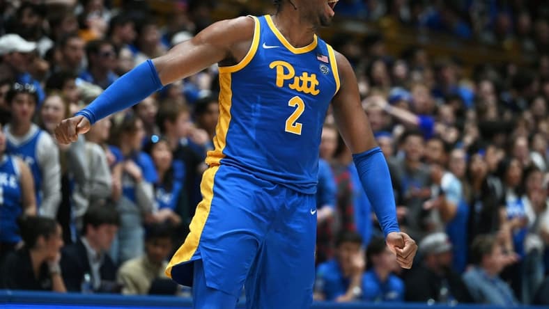 Jan 20, 2024; Durham, North Carolina, USA; Pittsburgh Panthers forward Blake Hinson (2) reacts during the second half against the Duke Blue Devils at Cameron Indoor Stadium. The Panthers won 80-76. Mandatory Credit: Rob Kinnan-USA TODAY Sports