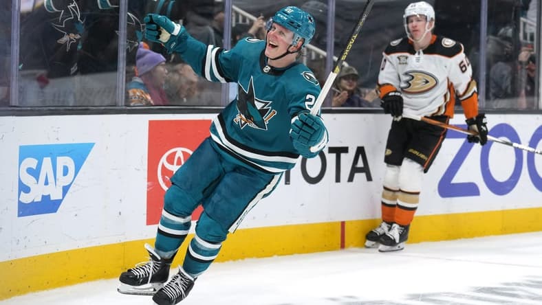 Jan 20, 2024; San Jose, California, USA; San Jose Sharks left wing Fabian Zetterlund (20) reacts after scoring a goal against the Anaheim Ducks during the second period at SAP Center at San Jose. Mandatory Credit: Darren Yamashita-USA TODAY Sports