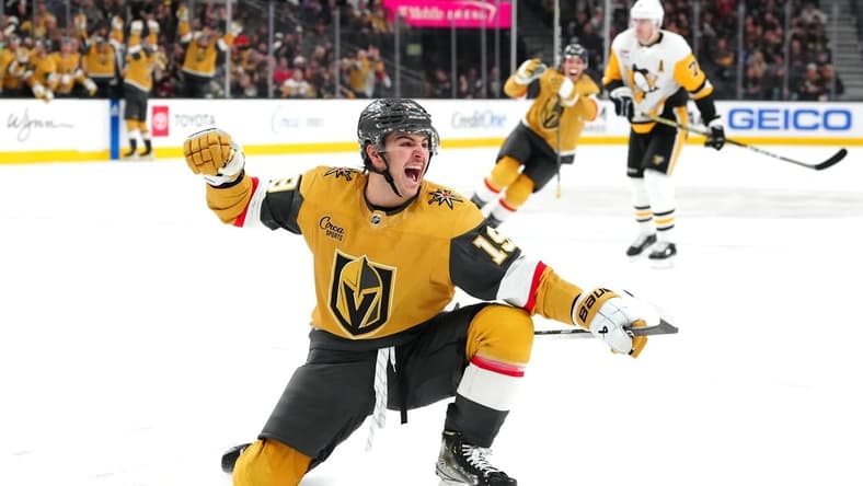 Jan 20, 2024; Las Vegas, Nevada, USA; Vegas Golden Knights center Brendan Brisson (19) celebrates after scoring his first career NHL goal against the Pittsburgh Penguins during the third period at T-Mobile Arena. Mandatory Credit: Stephen R. Sylvanie-USA TODAY Sports