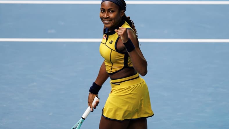 Jan 21, 2024; Melbourne, Victoria, Australia; Coco Gauff of the United States celebrates her victory over Magdalena Frech of Poland in the fourth round of the women s singles at the Australian Open 2024. Mandatory Credit: Mike Frey-USA TODAY Sports