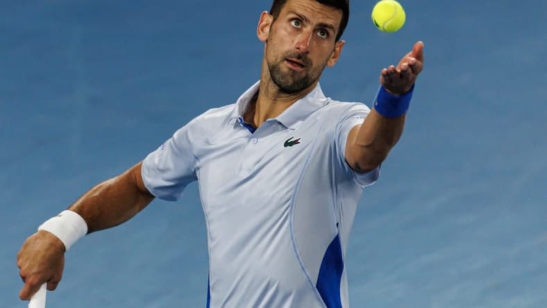 Jan 21, 2024; Melbourne, Victoria, Australia; Novak Djokovic of Serbia hits a shot against Adrian Mannarino of France in the forth round of the men s singles at the Australian Open 2024. Mandatory Credit: Mike Frey-USA TODAY Sports