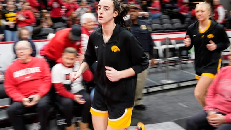 Jan 21, 2024; Columbus, Ohio, USA; Iowa Hawkeyes guard Caitlin Clark (22) takes the court for warm ups prior to the NCAA women   s basketball game against the Ohio State Buckeyes at Value City Arena.