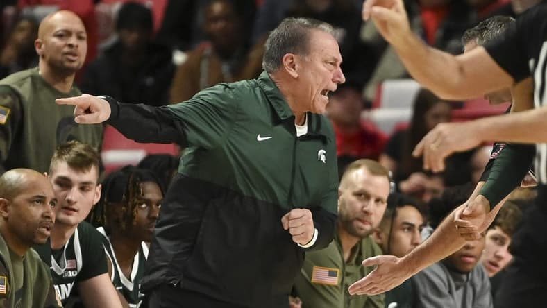 Jan 21, 2024; College Park, Maryland, USA;  Michigan State Spartans head coach Tom Izzo reacts after a first half call against the Maryland Terrapins at Xfinity Center. Mandatory Credit: Tommy Gilligan-USA TODAY Sports