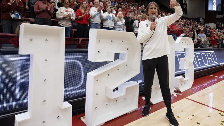 Jan 21, 2024; Stanford, California, USA; Stanford Cardinal head coach Tara VanDerveer addresses the crowd at Maples Pavilion following her record-setting 1,203rd collegiate coaching victory, a 65-56 win over the Oregon State Beavers. Mandatory Credit: D. Ross Cameron-USA TODAY Sports