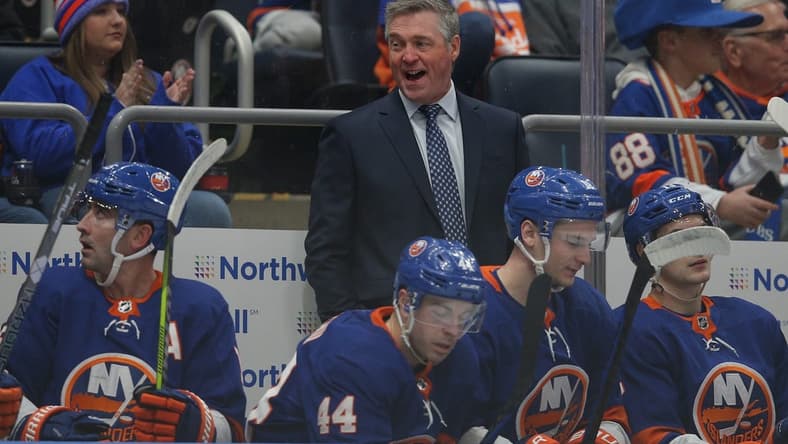 Jan 21, 2024; Elmont, New York, USA; New York Islanders head coach Patrick Roy coaches against the Dallas Stars during the second period at UBS Arena. Mandatory Credit: Brad Penner-USA TODAY Sports