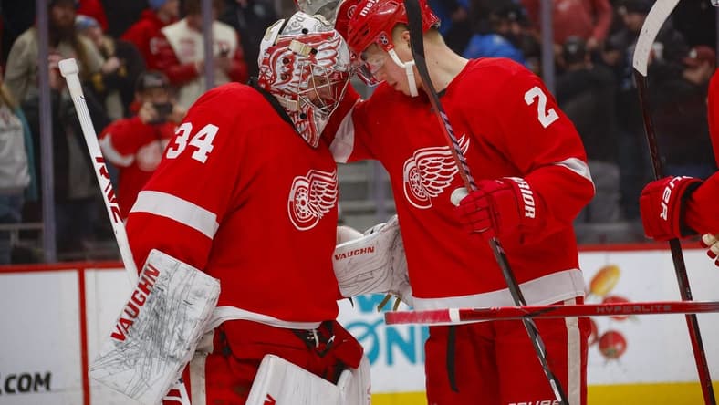 Jan 21, 2024; Detroit, Michigan, USA; Detroit Red Wings goaltender Alex Lyon (34) is congratulated by Detroit Red Wings defenseman Olli Maatta (2) at the end of the game against the Tampa Bay Lightning at Little Caesars Arena. Mandatory Credit: Brian Bradshaw Sevald-USA TODAY Sports
