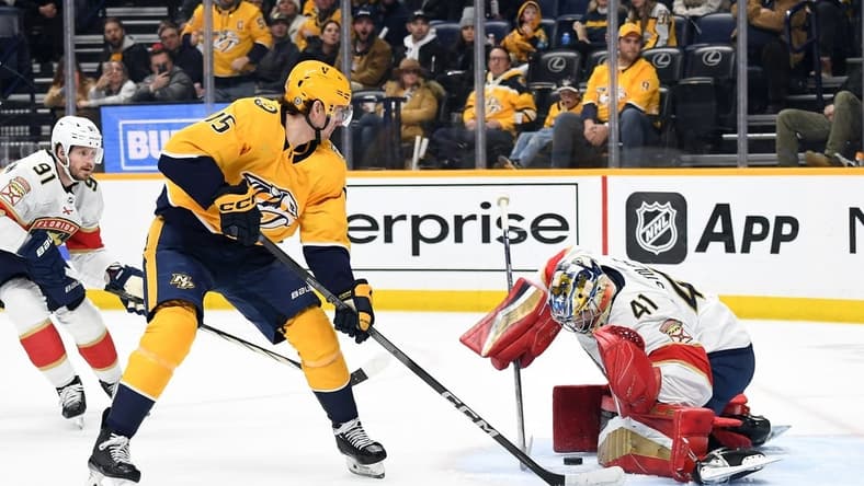 Jan 22, 2024; Nashville, Tennessee, USA; Nashville Predators right wing Denis Gurianov (15) has a shot blocked by Florida Panthers goaltender Anthony Stolarz (41) during the first period at Bridgestone Arena. Mandatory Credit: Christopher Hanewinckel-USA TODAY Sports