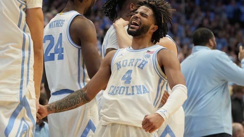 Jan 22, 2024; Chapel Hill, North Carolina, USA; North Carolina Tar Heels guard RJ Davis (4) reacts near the end of the second half at Dean E. Smith Center. Mandatory Credit: Bob Donnan-USA TODAY Sports