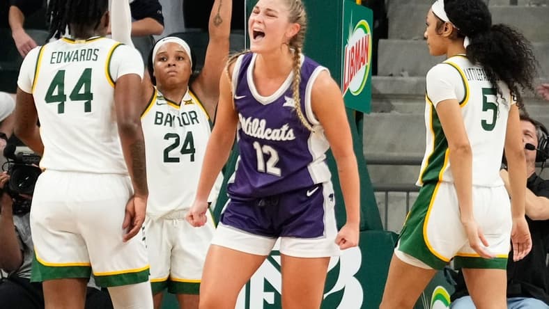 Jan 22, 2024; Waco, Texas, USA; Kansas State Wildcats guard Gabby Gregory (12) celebrates after a basket against the Baylor Lady Bears during the second half at Paul and Alejandra Foster Pavilion. Mandatory Credit: Chris Jones-USA TODAY Sports