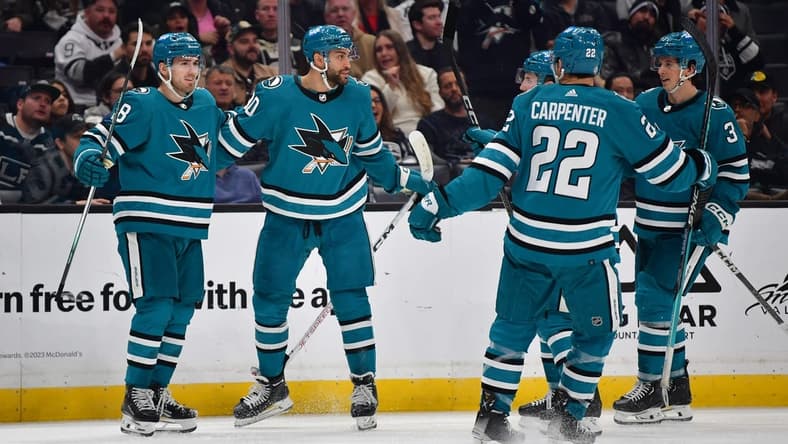 Jan 22, 2024; Los Angeles, California, USA; San Jose Sharks celebrate the goal scored by right wing Justin Bailey (90) against the Los Angeles Kings during the third period at Crypto.com Arena. Mandatory Credit: Gary A. Vasquez-USA TODAY Sports