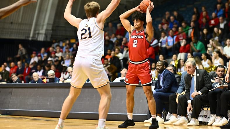 Jan 23, 2024; Philadelphia, Pennsylvania, USA; Dayton Flyers forward Nate Santos (2) controls the ball against La Salle Explorers forward Ryan Zan (21) in the first half at Tom Gola Arena at TruMark Financial Center. Mandatory Credit: Kyle Ross-USA TODAY Sports