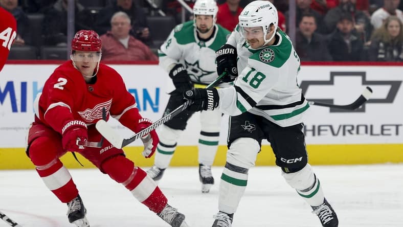 Jan 23, 2024; Detroit, Michigan, USA;  Dallas Stars center Sam Steel (18) takes a shot against the Detroit Red Wings at Little Caesars Arena. Mandatory Credit: Rick Osentoski-USA TODAY Sports