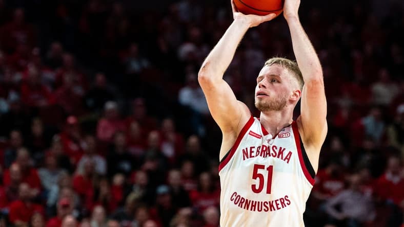 Jan 23, 2024; Lincoln, Nebraska, USA; Nebraska Cornhuskers forward Rienk Mast (51) shoots a 3-point shot against the Ohio State Buckeyes during the first half at Pinnacle Bank Arena. Mandatory Credit: Dylan Widger-USA TODAY Sports