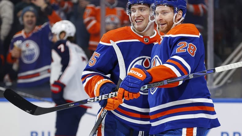 Jan 23, 2024; Edmonton, Alberta, CAN; The Edmonton Oilers celebrate a goal scored by forward Dylan Holloway (55) during the third period against the Columbus Blue Jackets at Rogers Place. Mandatory Credit: Perry Nelson-USA TODAY Sports