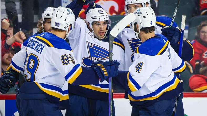 Jan 23, 2024; Calgary, Alberta, CAN; St. Louis Blues center Jordan Kyrou (25) celebrates his goal with teammates against the Calgary Flames during the third period at Scotiabank Saddledome. Mandatory Credit: Sergei Belski-USA TODAY Sports