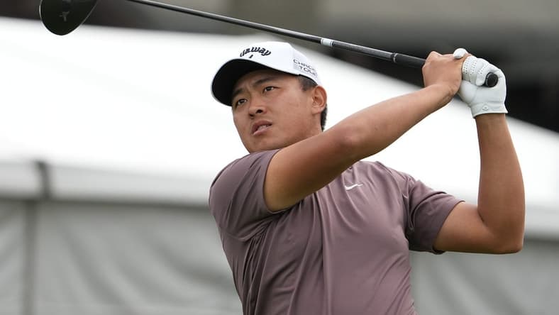 Jan 24, 2024; San Diego, California, USA; Kevin Yu hits his tee shot on the first hole during the first round of the Farmers Insurance Open golf tournament at Torrey Pines Municipal Golf Course - North Course. Mandatory Credit: Ray Acevedo-USA TODAY Sports