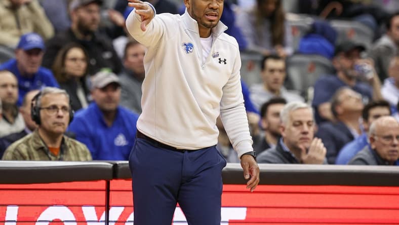 Jan 24, 2024; Newark, New Jersey, USA; Seton Hall Pirates head coach Shaheen Holloway reacts during the first half against the Providence Friars at Prudential Center. Mandatory Credit: Vincent Carchietta-USA TODAY Sports