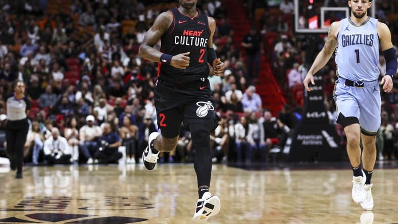 Jan 24, 2024; Miami, Florida, USA; Miami Heat guard Terry Rozier (2) runs on the court against the Memphis Grizzlies during the second quarter at Kaseya Center. Mandatory Credit: Sam Navarro-USA TODAY Sports