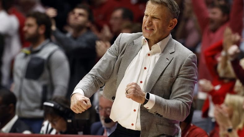 Jan 24, 2024; Tuscaloosa, Alabama, USA; Alabama Crimson Tide head coach Nate Oats reacts after a scoring play against the Auburn Tigers during the first half at Coleman Coliseum. Mandatory Credit: Butch Dill-USA TODAY Sports