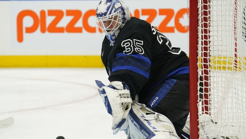 Jan 24, 2024; Toronto, Ontario, CAN; Toronto Maple Leafs goaltender Ilya Samsonov (35) goes to make a save against the Winnipeg Jets during the second period at Scotiabank Arena. Mandatory Credit: John E. Sokolowski-USA TODAY Sports