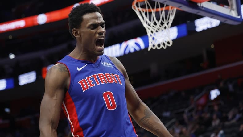 Jan 24, 2024; Detroit, Michigan, USA; Detroit Pistons center Jalen Duren (0) celebrates in the second half against the Charlotte Hornets at Little Caesars Arena. Mandatory Credit: Rick Osentoski-USA TODAY Sports