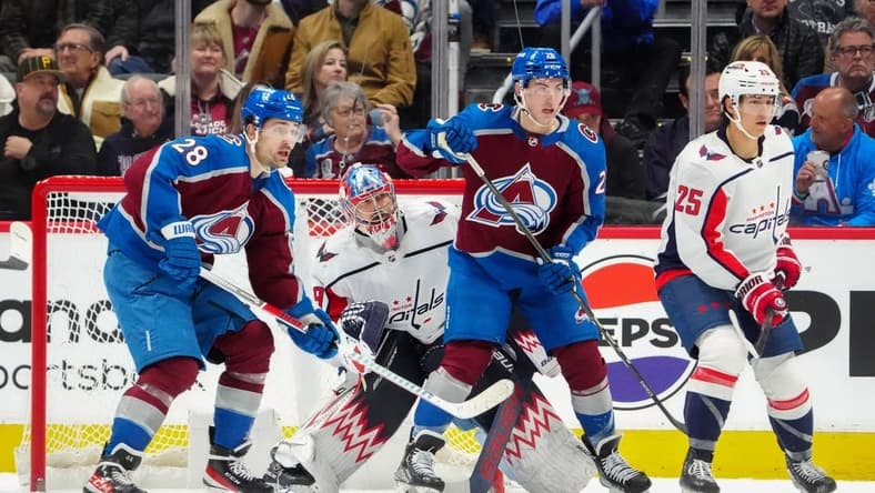 Jan 24, 2024; Denver, Colorado, USA; Colorado Avalanche left wing Miles Wood (28) and center Ross Colton (20) and Washington Capitals goaltender Charlie Lindgren (79) and defenseman Ethan Bear (25) during the first period against the Colorado Avalanche at Ball Arena. Mandatory Credit: Ron Chenoy-USA TODAY Sports