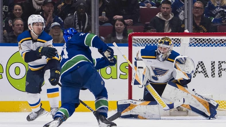 Jan 24, 2024; Vancouver, British Columbia, CAN; St. Louis Blues goalie Joel Hofer (30) prepares to make as save on Vancouver Canucks forward Pius Suter (24) in the first period at Rogers Arena. Mandatory Credit: Bob Frid-USA TODAY Sports