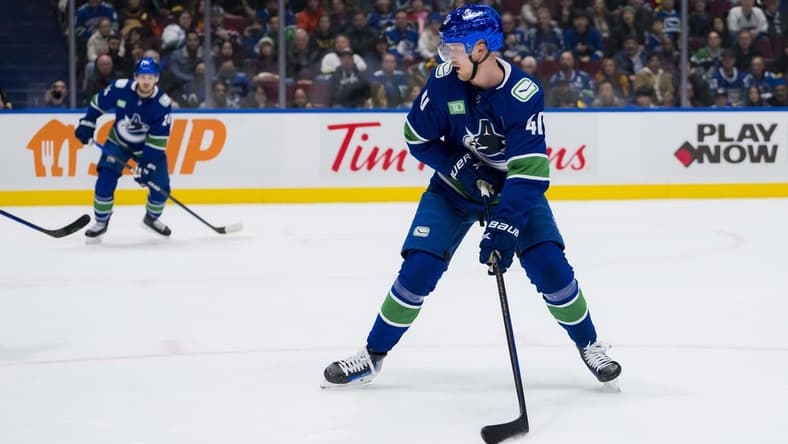 Jan 24, 2024; Vancouver, British Columbia, CAN; Vancouver Canucks forward Elias Pettersson (40) handles the puck against the St. Louis Blues in the third period at Rogers Arena. Blues 4-3 in overtime. Mandatory Credit: Bob Frid-USA TODAY Sports