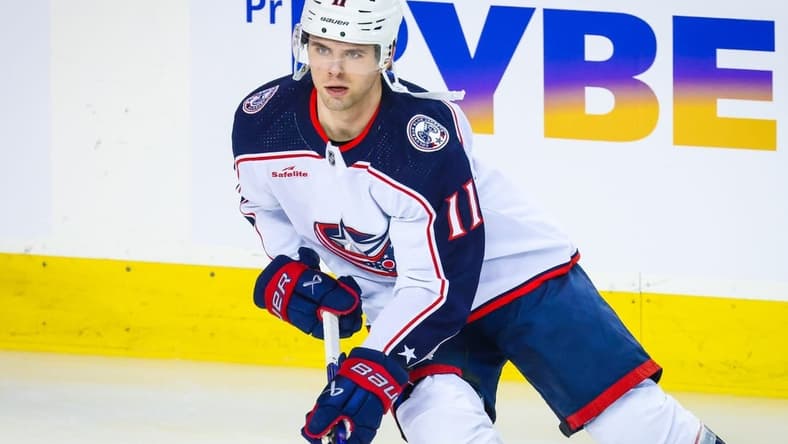 Jan 25, 2024; Calgary, Alberta, CAN; Columbus Blue Jackets center Adam Fantilli (11) skates during the warmup period against the Calgary Flames at Scotiabank Saddledome. Mandatory Credit: Sergei Belski-USA TODAY Sports