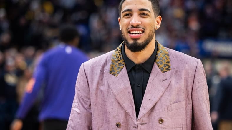 Jan 26, 2024; Indianapolis, Indiana, USA; Indiana Pacers guard Tyrese Haliburton (0) celebrates after the game against the Phoenix Suns at Gainbridge Fieldhouse. Mandatory Credit: Trevor Ruszkowski-USA TODAY Sports