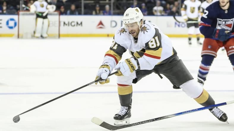 Jan 26, 2024; New York, New York, USA; Vegas Golden Knights right wing Jonathan Marchessault (81) chases the puck in the third period against the New York Rangers at Madison Square Garden. Mandatory Credit: Wendell Cruz-USA TODAY Sports