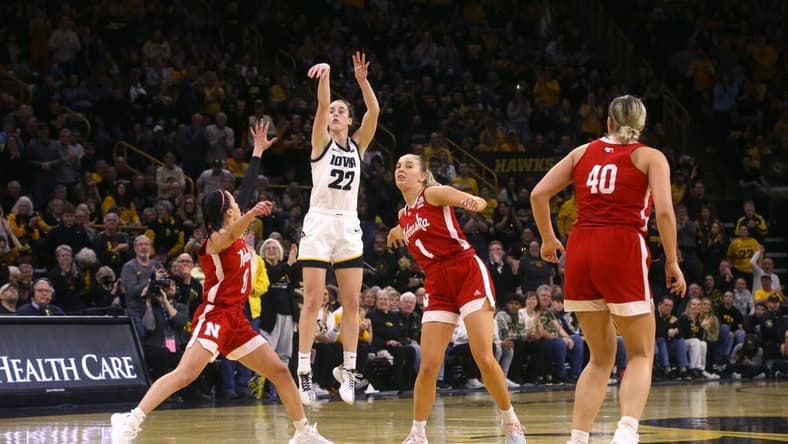 Iowa   s Caitlin Clark (22) shoots against Nebraska Saturday, Jan. 27, 2024 at Carver-Hawkeye Arena in Iowa City, Iowa.