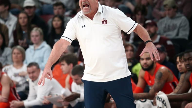 Jan 27, 2024; Starkville, Mississippi, USA; Auburn Tigers head coach Bruce Pearl reacts during the first half against the Mississippi State Bulldogs at Humphrey Coliseum. Mandatory Credit: Petre Thomas-USA TODAY Sports