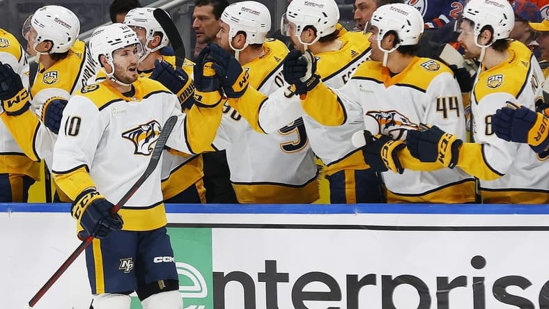 Jan 27, 2024; Edmonton, Alberta, CAN; The Nashville Predators celebrate a goal scored by forward Colton Sissons (10) during the third period against the Edmonton Oilers at Rogers Place. Mandatory Credit: Perry Nelson-USA TODAY Sports