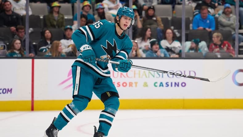 Jan 27, 2024; San Jose, California, USA; San Jose Sharks defenseman Shakir Mukhamadullin (85) skates against the Buffalo Sabres during the third period at SAP Center at San Jose. Mandatory Credit: Robert Edwards-USA TODAY Sports