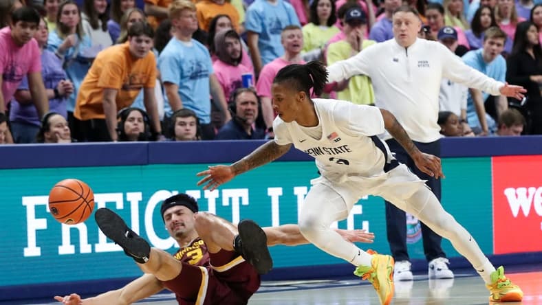 Jan 27, 2024; University Park, Pennsylvania, USA; Minnesota Golden Gophers forward Dawson Garcia (3) loses control of the ball as Penn State Nittany Lions guard Nick Kern Jr (3) chases after the ball during the first half at Bryce Jordan Center. Mandatory Credit: Matthew O'Haren-USA TODAY Sports