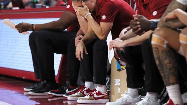 Jan 27, 2024; Fayetteville, Arkansas, USA; Arkansas Razorbacks head coach Eric Musselman during the second half against the Kentucky Wildcats at Bud Walton Arena. Kentucky won 63-57. Mandatory Credit: Nelson Chenault-USA TODAY Sports