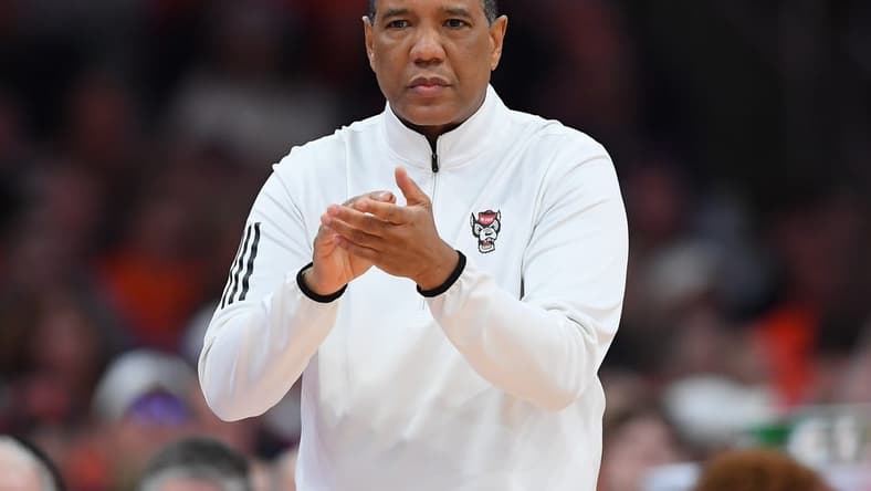 Jan 27, 2024; Syracuse, New York, USA; North Carolina State Wolfpack head coach Kevin Keatts looks on against the Syracuse Orange during the first half at the JMA Wireless Dome. Mandatory Credit: Rich Barnes-USA TODAY Sports