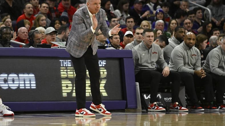 Jan 27, 2024; Evanston, Illinois, USA; Ohio State Buckeyes head coach Chris Holtmann leads the team against Northwestern Wildcats during the first half  at Welsh-Ryan Arena. Mandatory Credit: Matt Marton-USA TODAY Sports