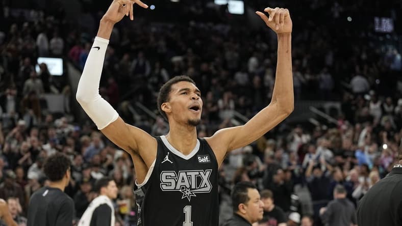 Jan 27, 2024; San Antonio, Texas, USA; San Antonio Spurs forward Victor Wembanyama (1) reacts after a victory over the Minnesota Timberwolves at Frost Bank Center. Mandatory Credit: Scott Wachter-USA TODAY Sports